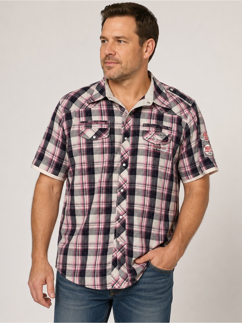 Oxygen Men’s XL Pink Black Plaid Western Snap Short Sleeve Shirt